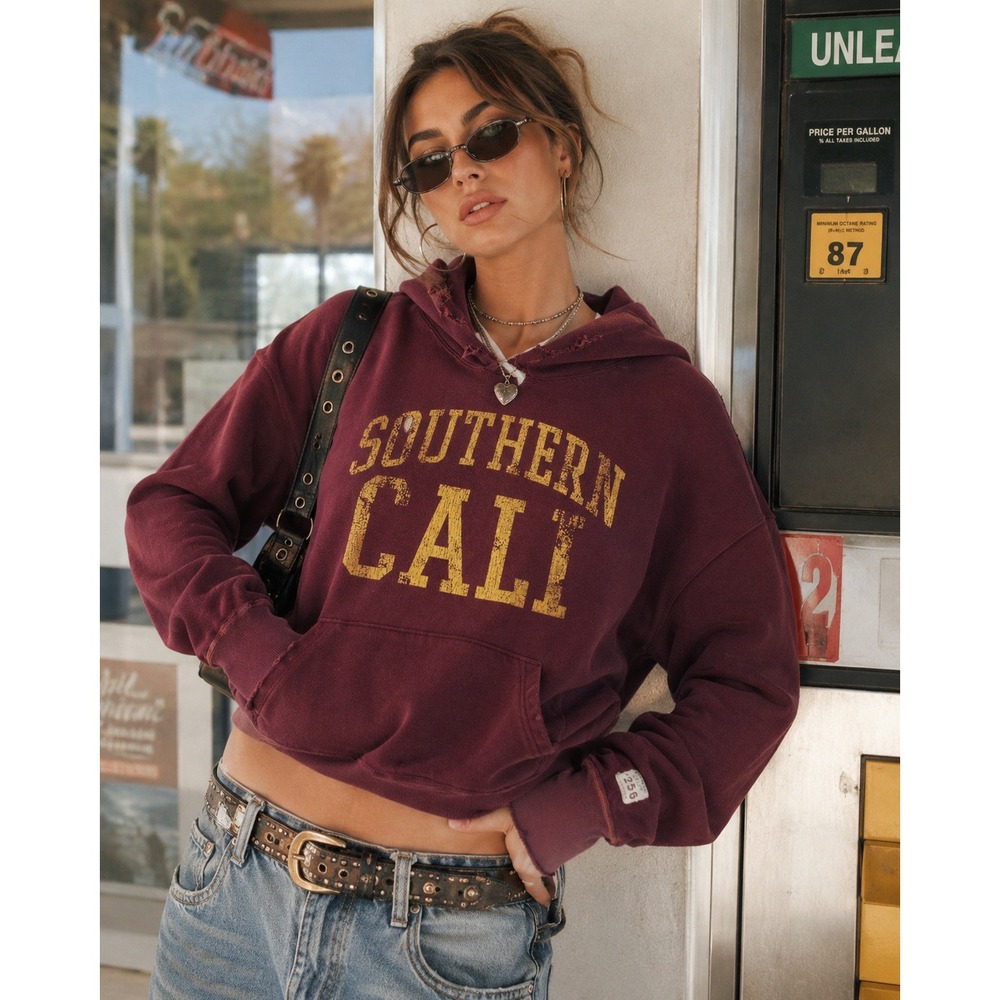 Hollister Southern Cali Distressed Thrashed Graphic Hoodie Sweatshirt Maroon S